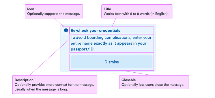Icon: supports the message; title: works best with 5 to 8 words (in English); closable: optionally lets users close the message; action: optionally adds related actions for users to take; description: provides more context for the message, usually when the message is long.